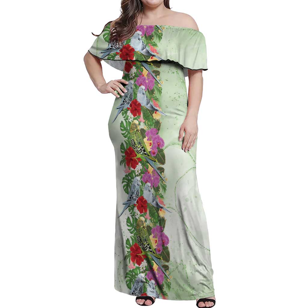 Aussie Budgies Blue And Green Tropical Birds Off Shoulder Maxi Dress - Aussie Hoodie