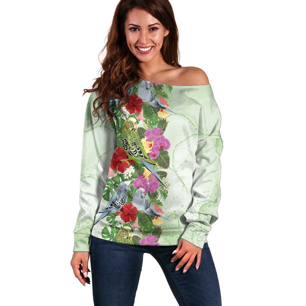Aussie Budgies Blue And Green Tropical Birds Off Shoulder Sweater - Aussie Hoodie