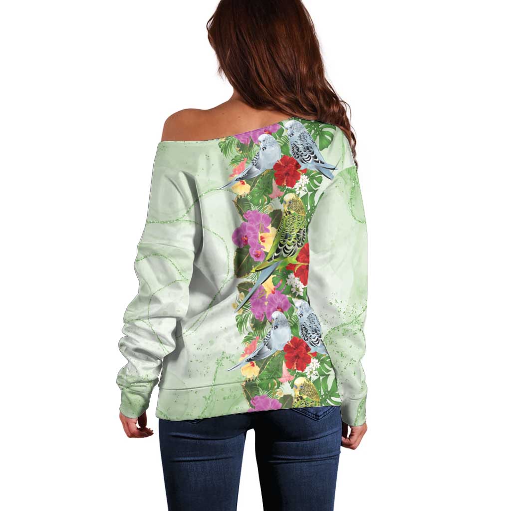 Aussie Budgies Blue And Green Tropical Birds Off Shoulder Sweater - Aussie Hoodie