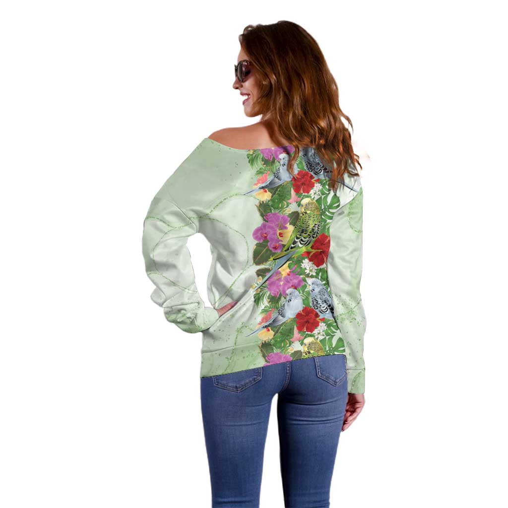 Aussie Budgies Blue And Green Tropical Birds Off Shoulder Sweater - Aussie Hoodie