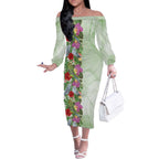 Aussie Budgies Blue And Green Tropical Birds Off The Shoulder Long Sleeve Dress - Aussie Hoodie