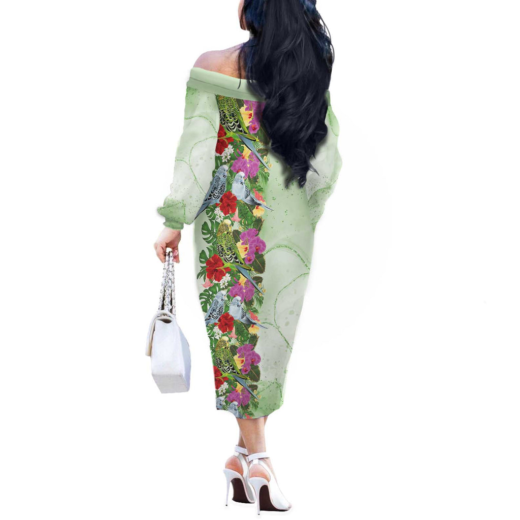Aussie Budgies Blue And Green Tropical Birds Off The Shoulder Long Sleeve Dress - Aussie Hoodie