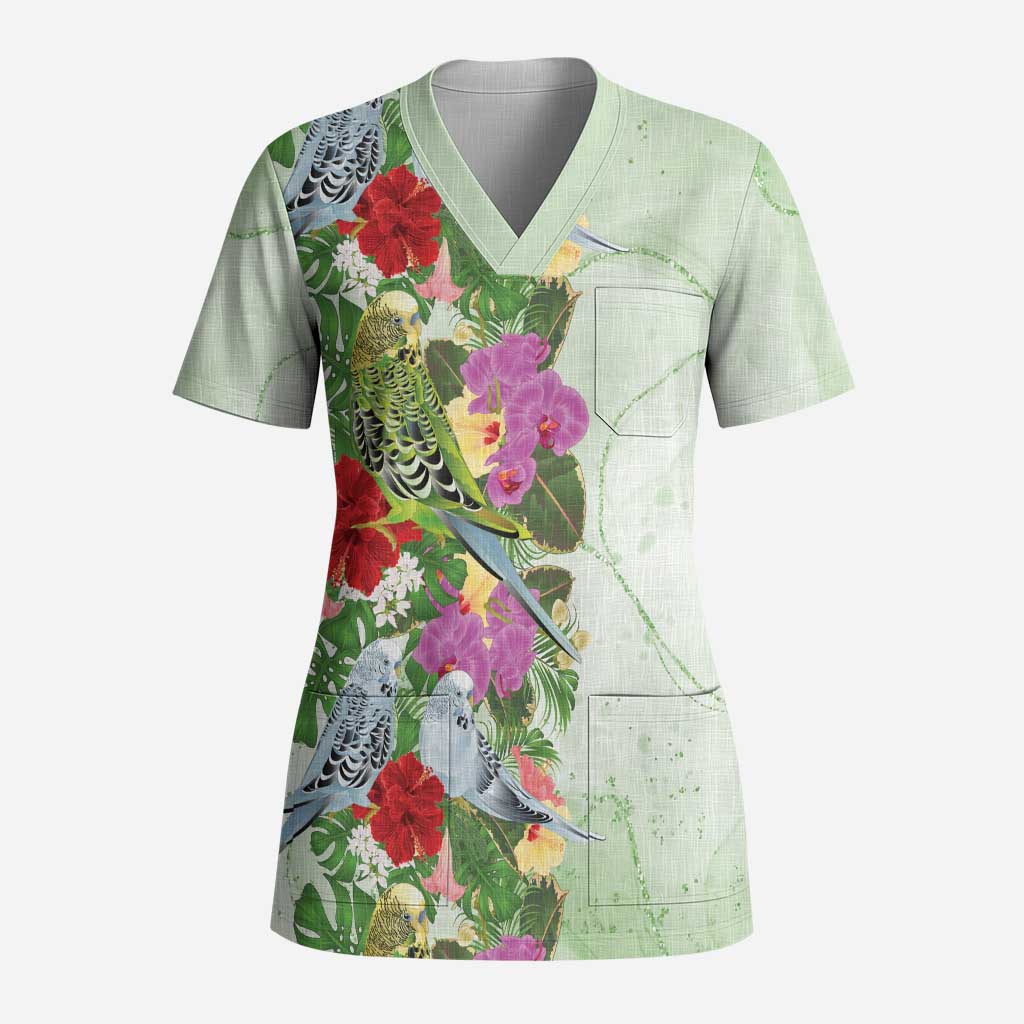 Aussie Budgies Blue And Green Tropical Birds Scrub Top - Aussie Hoodie