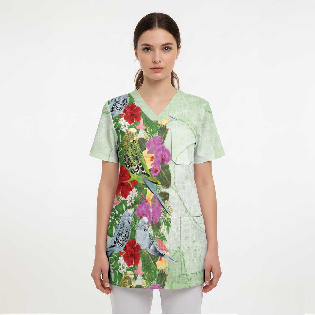 Aussie Budgies Blue And Green Tropical Birds Scrub Top - Aussie Hoodie