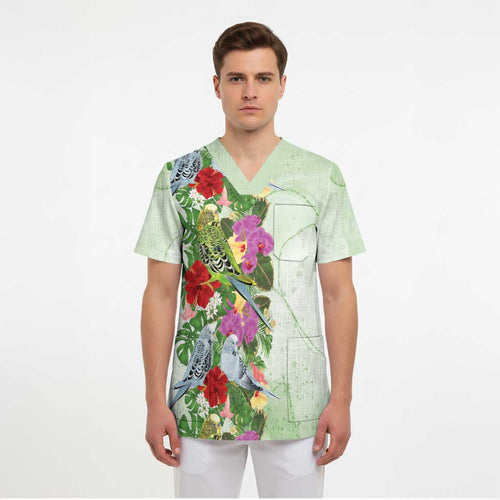 Aussie Budgies Blue And Green Tropical Birds Scrub Top - Aussie Hoodie