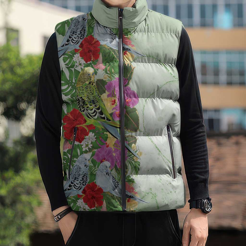 Aussie Budgies Blue And Green Tropical Birds Sleeveless Puffer Jacket - Aussie Hoodie
