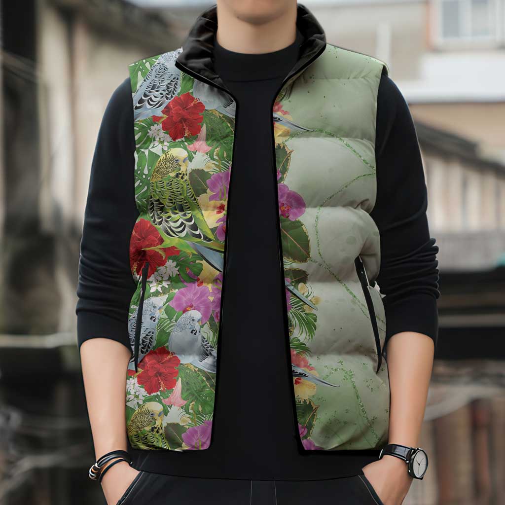 Aussie Budgies Blue And Green Tropical Birds Sleeveless Puffer Jacket - Aussie Hoodie