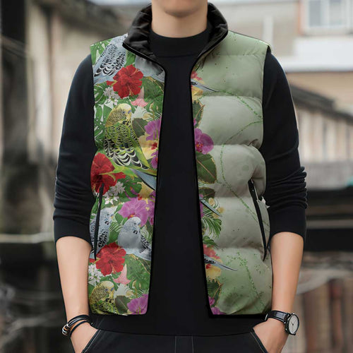Aussie Budgies Blue And Green Tropical Birds Sleeveless Puffer Jacket - Aussie Hoodie
