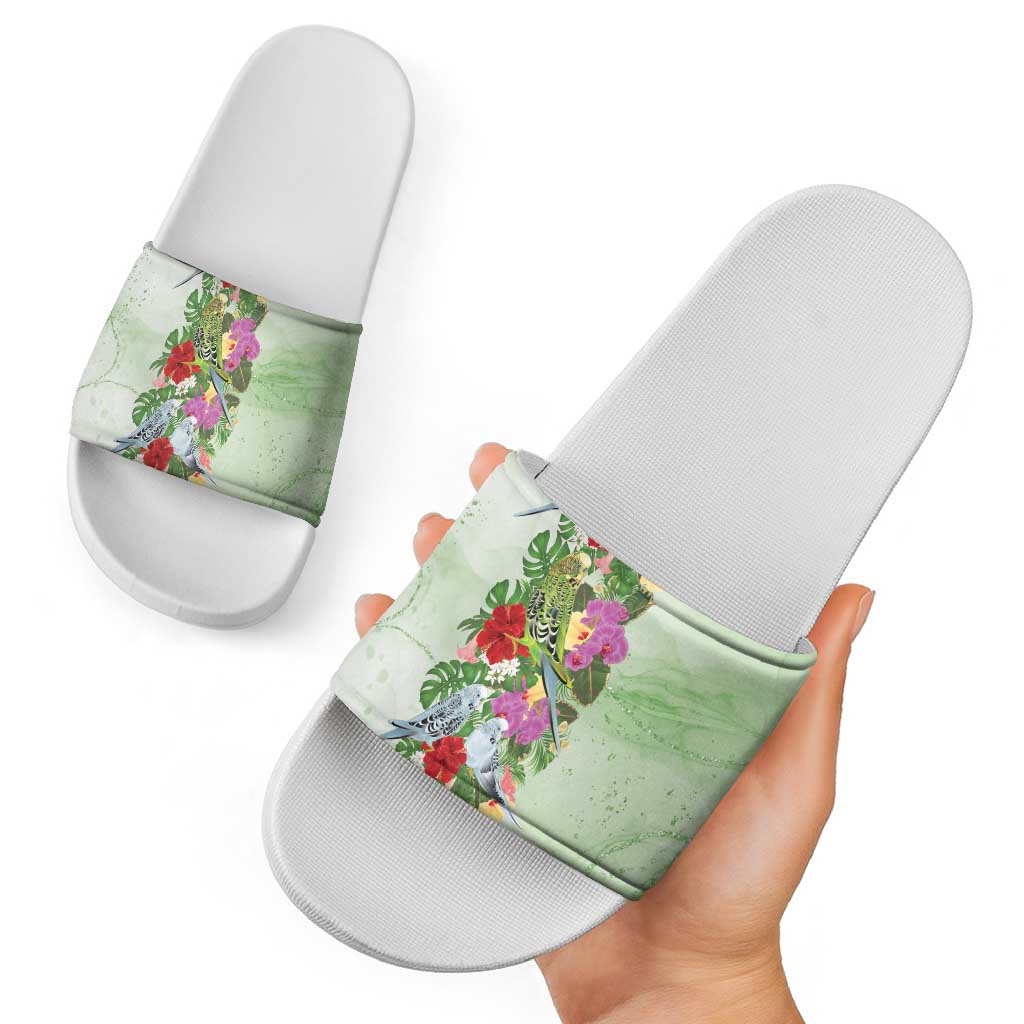 Aussie Budgies Blue And Green Tropical Birds Slide Sandals - Aussie Hoodie