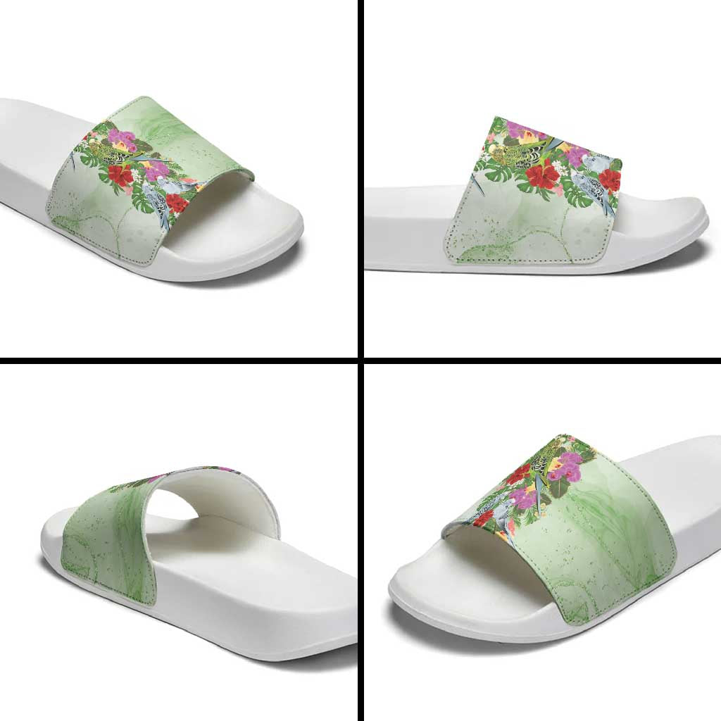 Aussie Budgies Blue And Green Tropical Birds Slide Sandals - Aussie Hoodie