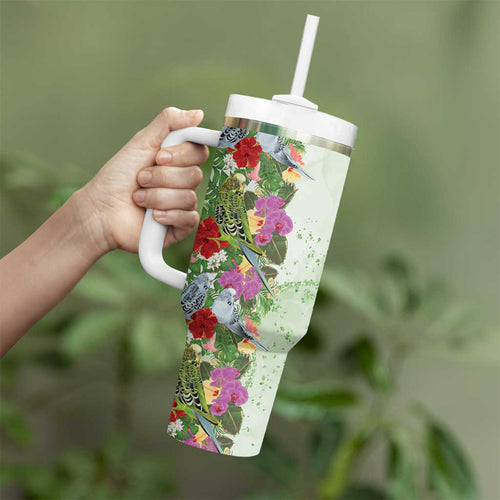 Aussie Budgies Blue And Green Tropical Birds Tumbler With Handle - Aussie Hoodie