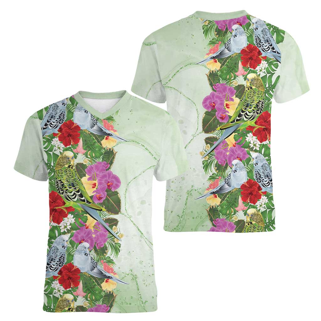 Aussie Budgies Blue And Green Tropical Birds Women V-Neck T-Shirt - Aussie Hoodie