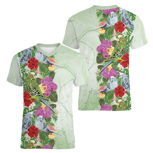 Aussie Budgies Blue And Green Tropical Birds Women V-Neck T-Shirt - Aussie Hoodie