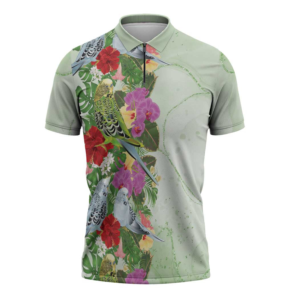 Aussie Budgies Blue And Green Tropical Birds Zipper Polo Shirt - Aussie Hoodie