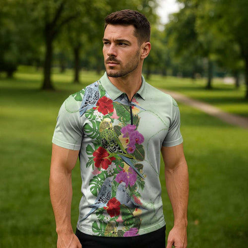 Aussie Budgies Blue And Green Tropical Birds Zipper Polo Shirt - Aussie Hoodie