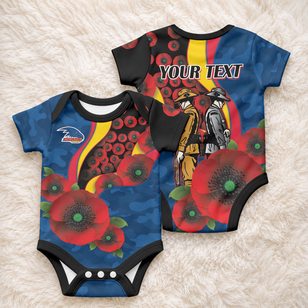 Adelaide Crows ANZAC Personalised Baby Onesie Lest We Forget Poppy Camo