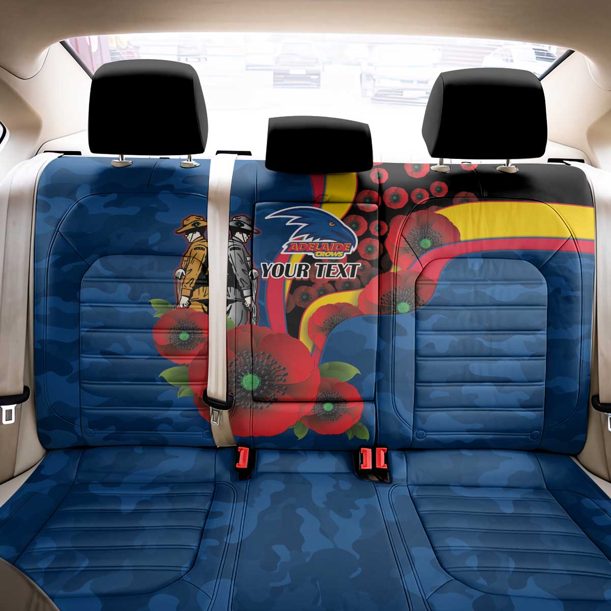 Adelaide Crows ANZAC Personalised Back Car Seat Cover Lest We Forget Poppy Camo