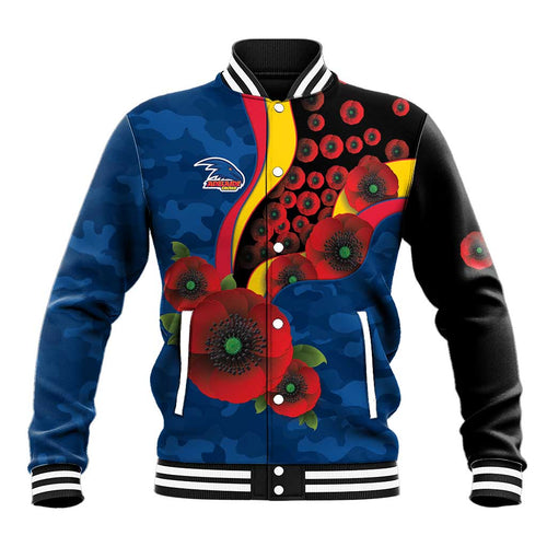 Adelaide Crows ANZAC Personalised Baseball Jacket Lest We Forget Poppy Camo