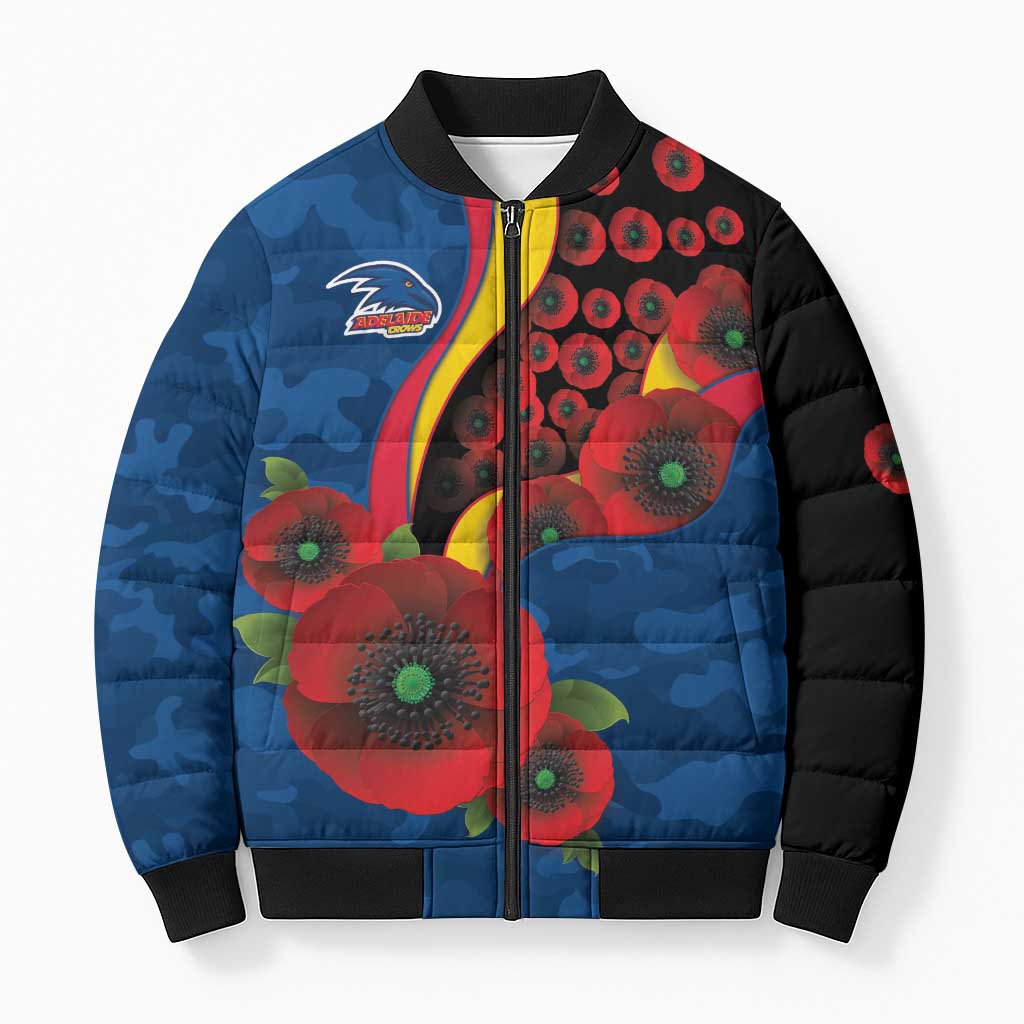 Adelaide Crows ANZAC Personalised Bomber Puffer Jacket Lest We Forget Poppy Camo