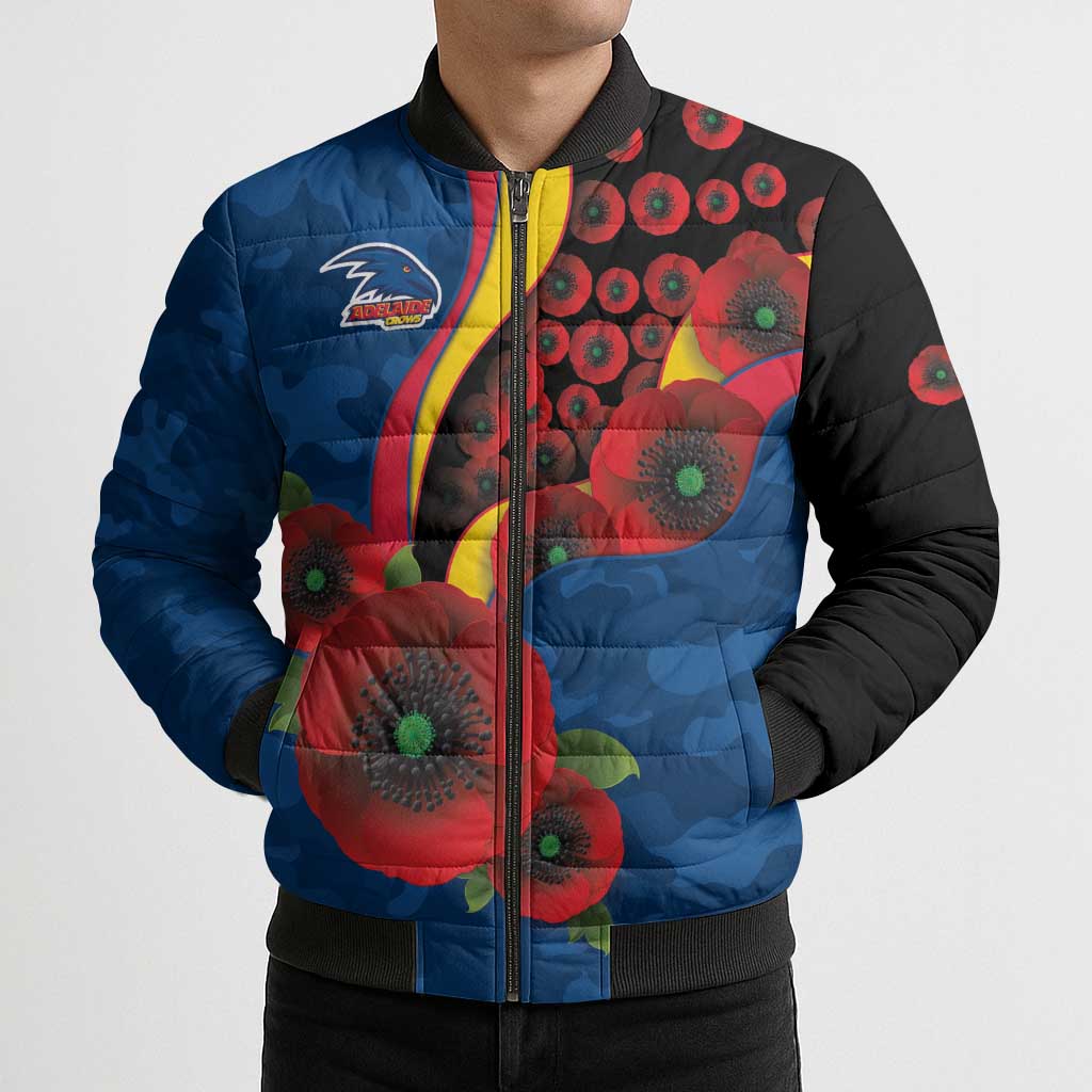 Adelaide Crows ANZAC Personalised Bomber Puffer Jacket Lest We Forget Poppy Camo