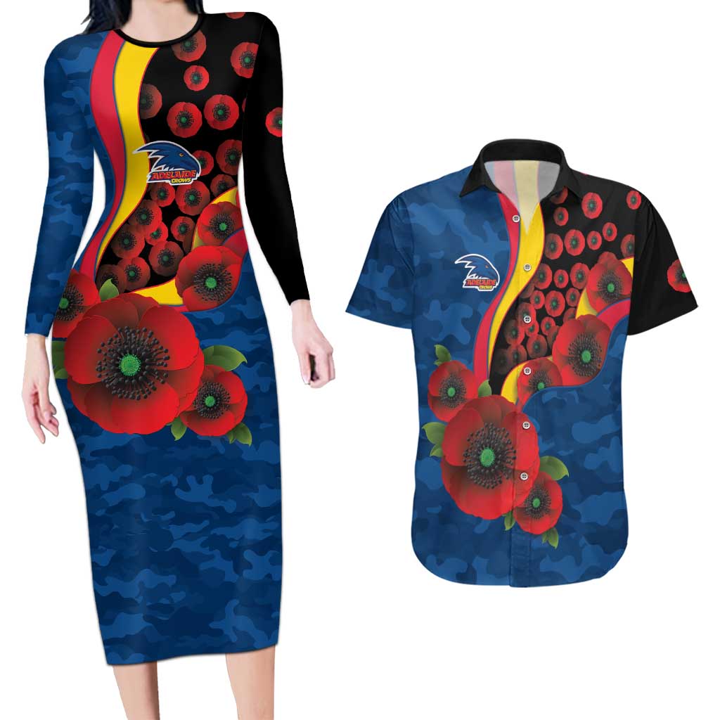 Adelaide Crows ANZAC Personalised Couples Matching Long Sleeve Bodycon Dress and Hawaiian Shirt Lest We Forget Poppy Camo