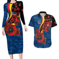 Adelaide Crows ANZAC Personalised Couples Matching Long Sleeve Bodycon Dress and Hawaiian Shirt Lest We Forget Poppy Camo