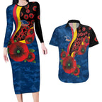 Adelaide Crows ANZAC Personalised Couples Matching Long Sleeve Bodycon Dress and Hawaiian Shirt Lest We Forget Poppy Camo