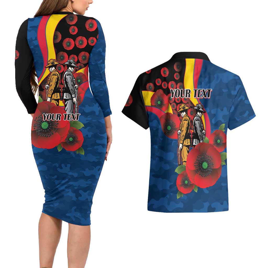 Adelaide Crows ANZAC Personalised Couples Matching Long Sleeve Bodycon Dress and Hawaiian Shirt Lest We Forget Poppy Camo