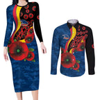 Adelaide Crows ANZAC Personalised Couples Matching Long Sleeve Bodycon Dress and Long Sleeve Button Shirt Lest We Forget Poppy Camo