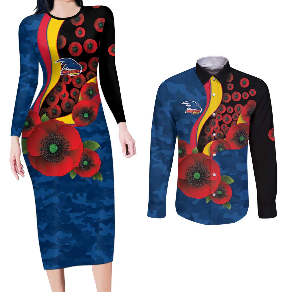 Adelaide Crows ANZAC Personalised Couples Matching Long Sleeve Bodycon Dress and Long Sleeve Button Shirt Lest We Forget Poppy Camo