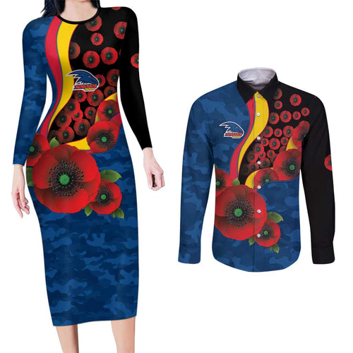 Adelaide Crows ANZAC Personalised Couples Matching Long Sleeve Bodycon Dress and Long Sleeve Button Shirt Lest We Forget Poppy Camo