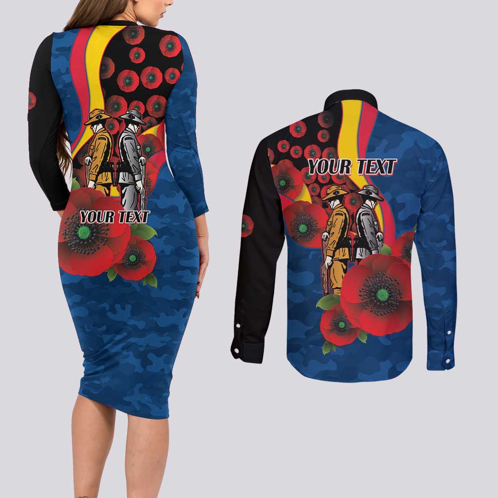 Adelaide Crows ANZAC Personalised Couples Matching Long Sleeve Bodycon Dress and Long Sleeve Button Shirt Lest We Forget Poppy Camo