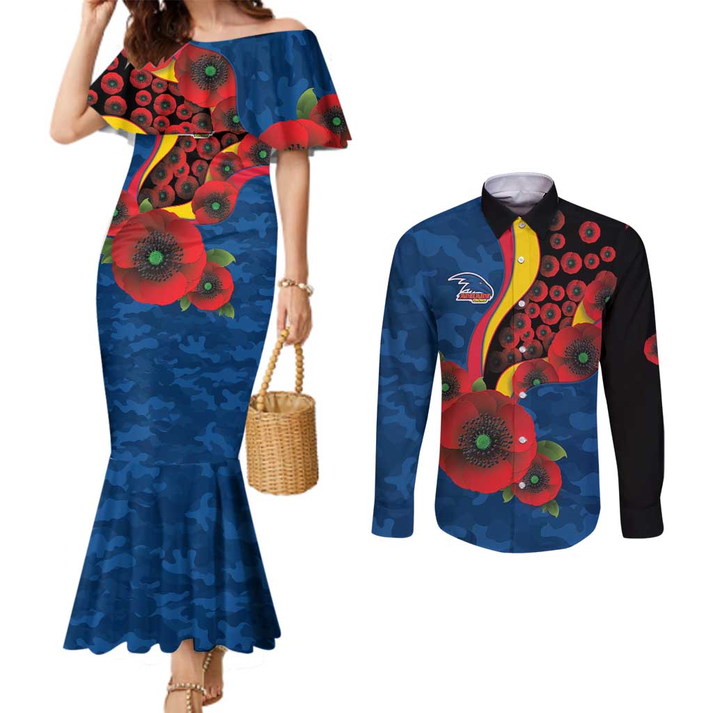 Adelaide Crows ANZAC Personalised Couples Matching Mermaid Dress and Long Sleeve Button Shirt Lest We Forget Poppy Camo