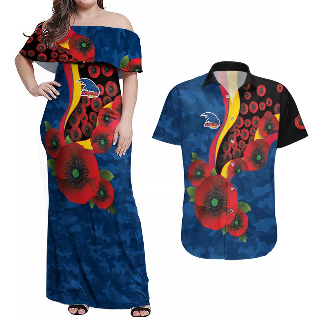Adelaide Crows ANZAC Personalised Couples Matching Off Shoulder Maxi Dress and Hawaiian Shirt Lest We Forget Poppy Camo