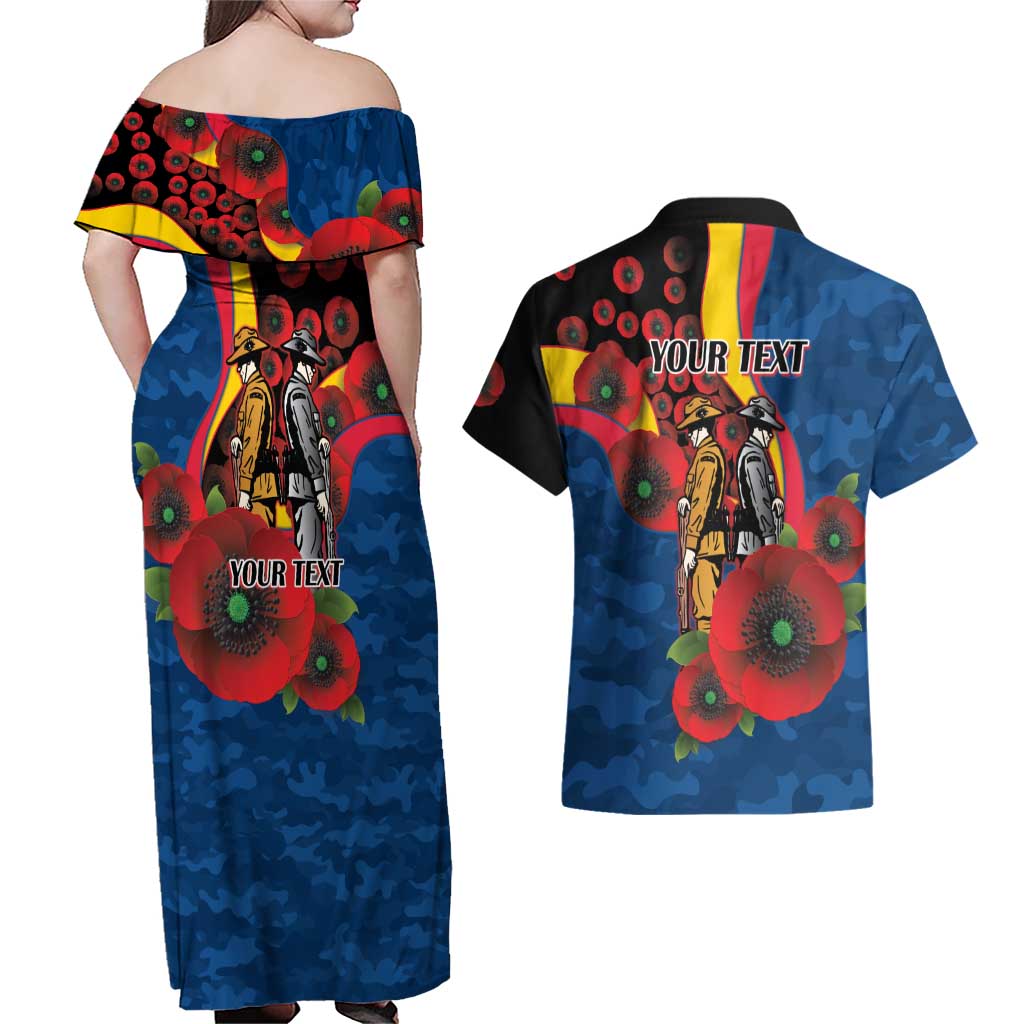 Adelaide Crows ANZAC Personalised Couples Matching Off Shoulder Maxi Dress and Hawaiian Shirt Lest We Forget Poppy Camo