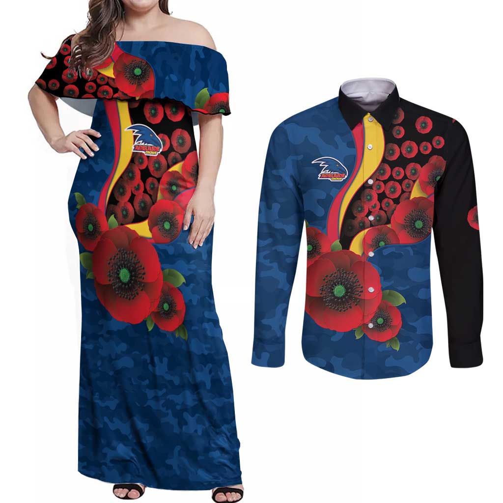 Adelaide Crows ANZAC Personalised Couples Matching Off Shoulder Maxi Dress and Long Sleeve Button Shirt Lest We Forget Poppy Camo