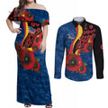 Adelaide Crows ANZAC Personalised Couples Matching Off Shoulder Maxi Dress and Long Sleeve Button Shirt Lest We Forget Poppy Camo