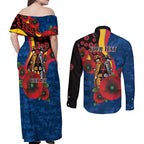 Adelaide Crows ANZAC Personalised Couples Matching Off Shoulder Maxi Dress and Long Sleeve Button Shirt Lest We Forget Poppy Camo