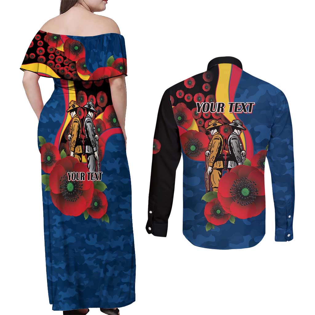 Adelaide Crows ANZAC Personalised Couples Matching Off Shoulder Maxi Dress and Long Sleeve Button Shirt Lest We Forget Poppy Camo