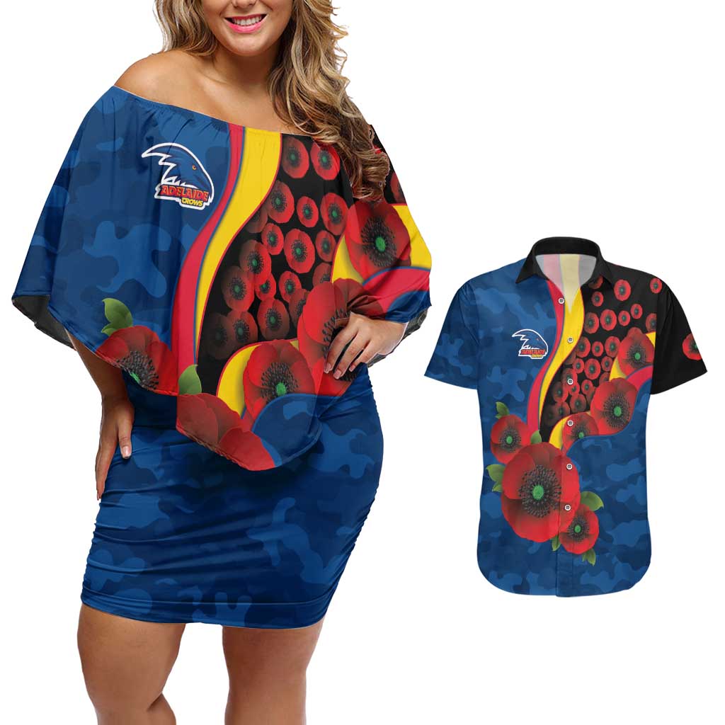 Adelaide Crows ANZAC Personalised Couples Matching Off Shoulder Short Dress and Hawaiian Shirt Lest We Forget Poppy Camo