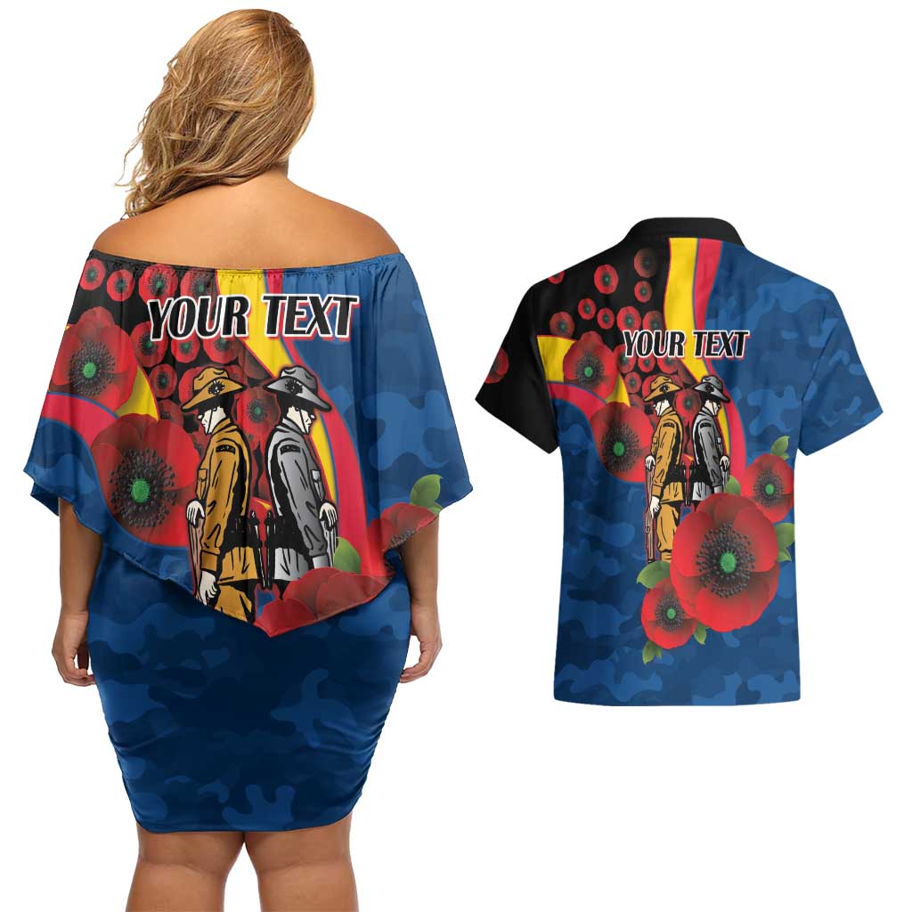 Adelaide Crows ANZAC Personalised Couples Matching Off Shoulder Short Dress and Hawaiian Shirt Lest We Forget Poppy Camo