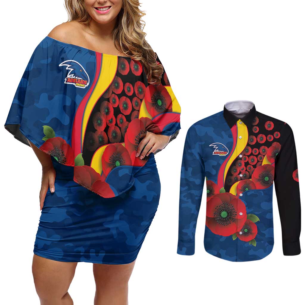 Adelaide Crows ANZAC Personalised Couples Matching Off Shoulder Short Dress and Long Sleeve Button Shirt Lest We Forget Poppy Camo