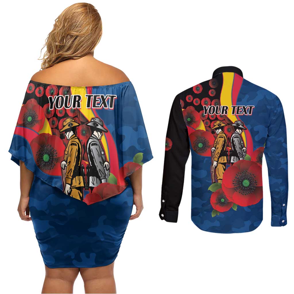Adelaide Crows ANZAC Personalised Couples Matching Off Shoulder Short Dress and Long Sleeve Button Shirt Lest We Forget Poppy Camo