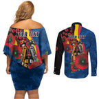 Adelaide Crows ANZAC Personalised Couples Matching Off Shoulder Short Dress and Long Sleeve Button Shirt Lest We Forget Poppy Camo
