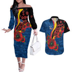 Adelaide Crows ANZAC Personalised Couples Matching Off The Shoulder Long Sleeve Dress and Hawaiian Shirt Lest We Forget Poppy Camo