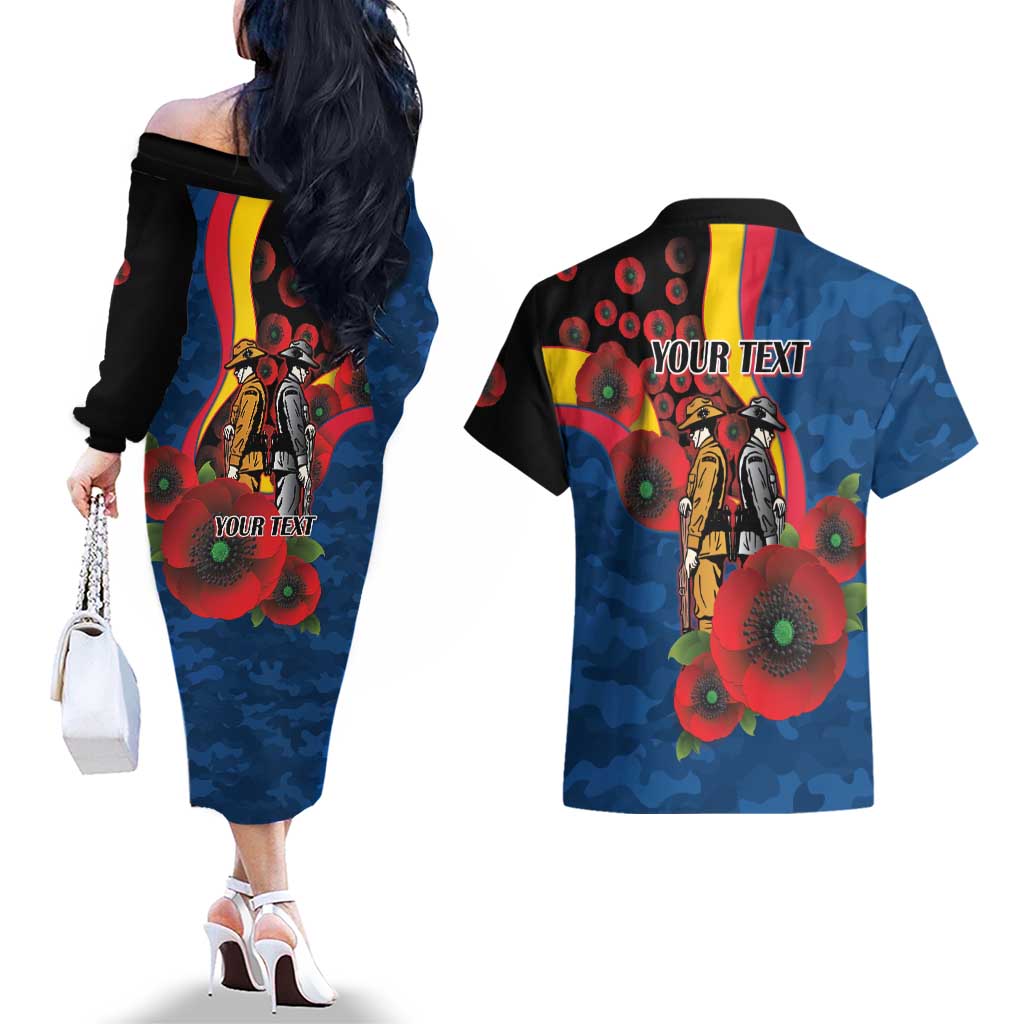 Adelaide Crows ANZAC Personalised Couples Matching Off The Shoulder Long Sleeve Dress and Hawaiian Shirt Lest We Forget Poppy Camo