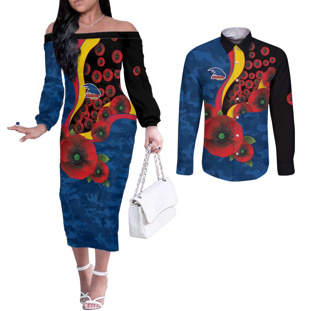 Adelaide Crows ANZAC Personalised Couples Matching Off The Shoulder Long Sleeve Dress and Long Sleeve Button Shirt Lest We Forget Poppy Camo