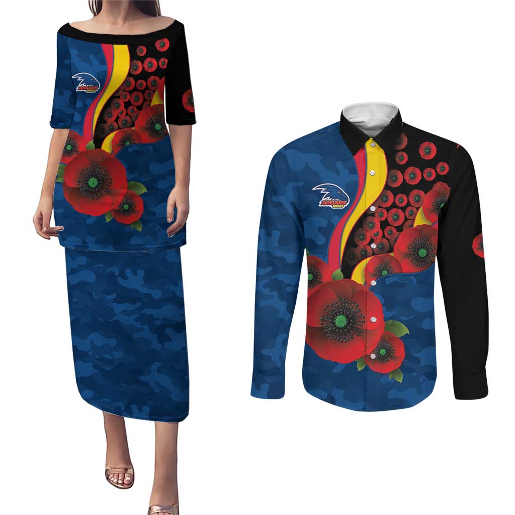 Adelaide Crows ANZAC Personalised Couples Matching Puletasi and Long Sleeve Button Shirt Lest We Forget Poppy Camo