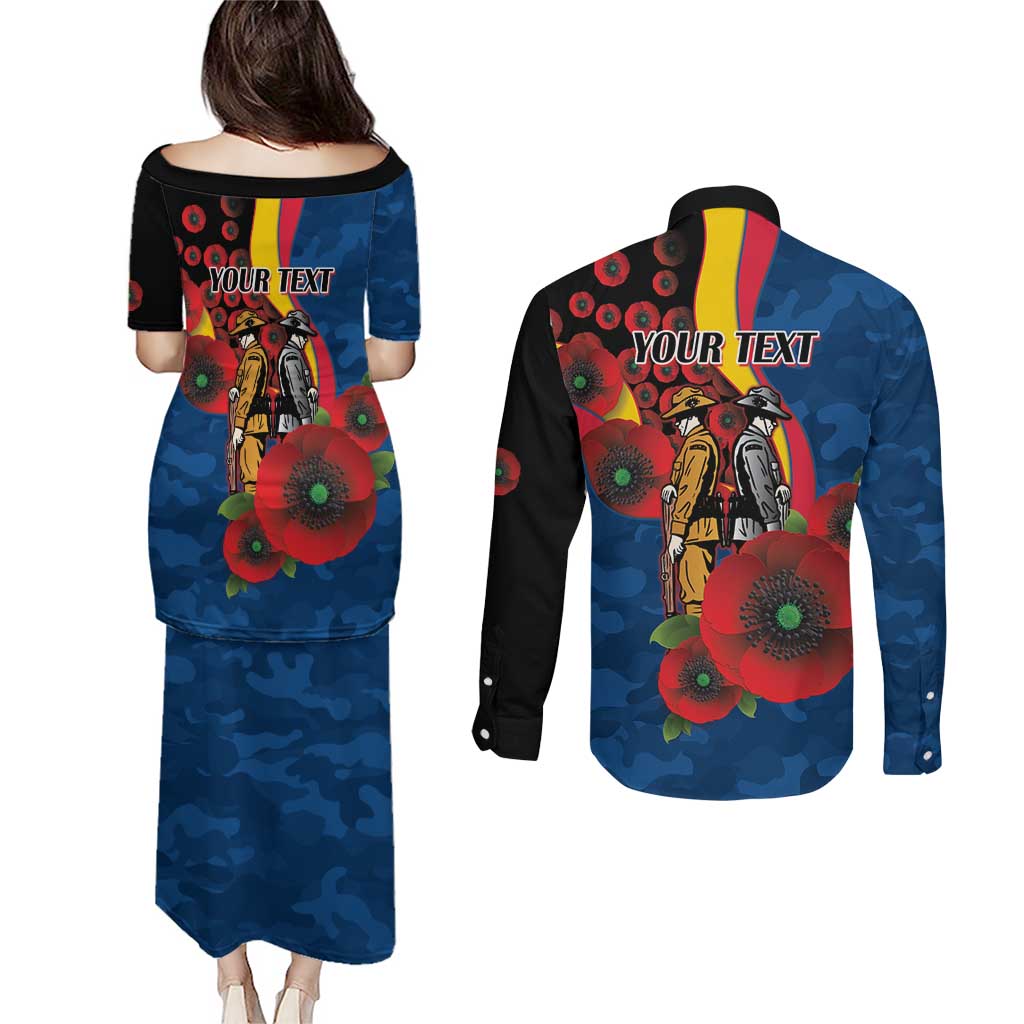 Adelaide Crows ANZAC Personalised Couples Matching Puletasi and Long Sleeve Button Shirt Lest We Forget Poppy Camo