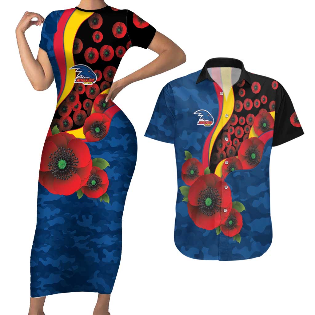 Adelaide Crows ANZAC Personalised Couples Matching Short Sleeve Bodycon Dress and Hawaiian Shirt Lest We Forget Poppy Camo